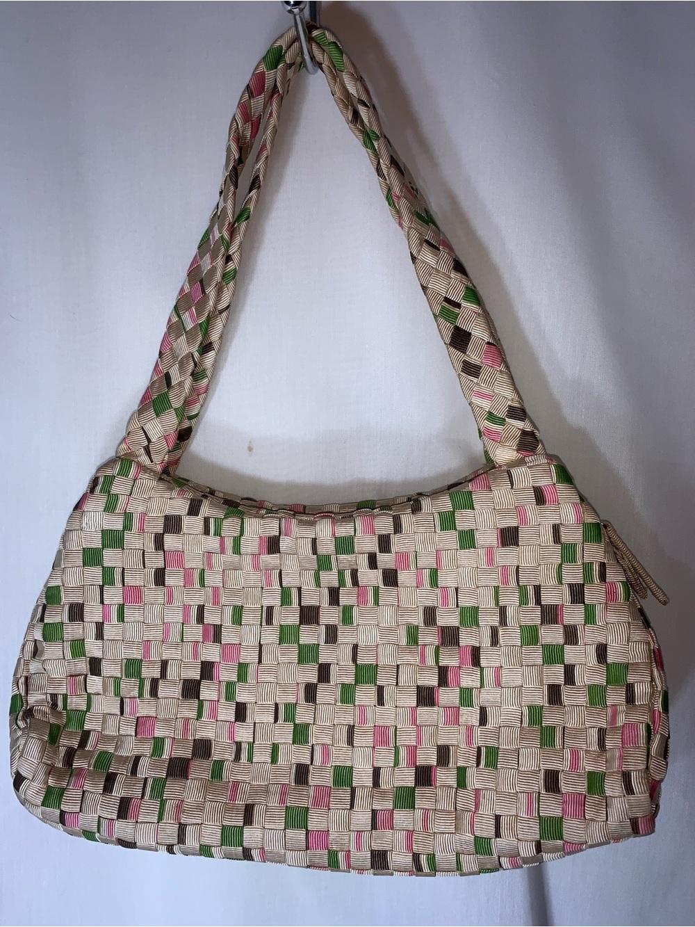 The Sak Cream Woven Shoulder Bag with Pink & Green Accents